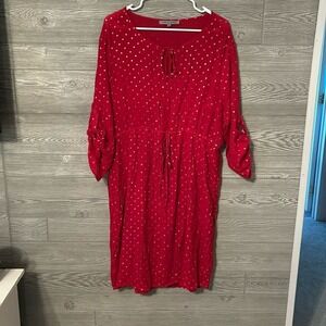 ALEX & PARKER Red Gold Polka‎ Dot Tie Neck Midi Dress Women 2X Roll Tab Sleeve